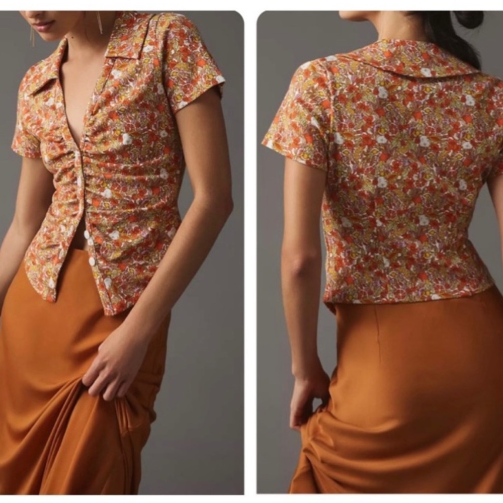 Maeve by Anthropologie Citrus Fruit Printed Button Front Ruched Blouse Top XS